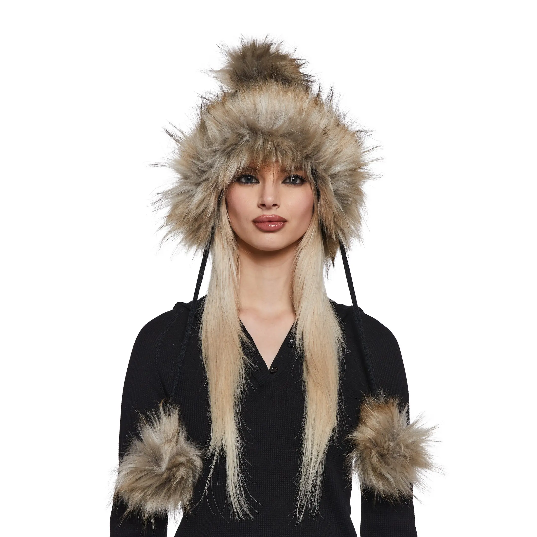 Bubble Pop Faux Fur Hat With Pom Poms - Black
