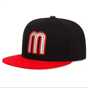 Mexico Baseball Cap Letter M with Embroidered Flag Flat Brim Snapback Hat Cotton Canvas Adjustable Multicolor Hat for Casual Travel