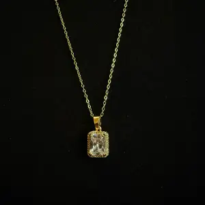 Stainless Steel Rectangular Jewelry with Three Color Pendants Gems on Chain Necklace