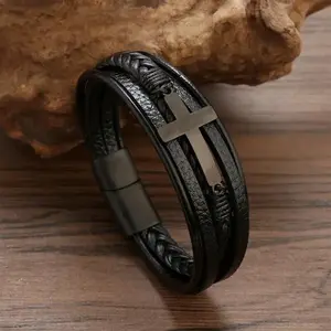 Black Cross Design Classic Stainless Steel Men's Leather Bangle Bracelet 8 INCH Handmade Christmas Gifts