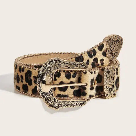 Women's Vintage Leopard Print PU Buckle Belt, Fashion Flower Engraved Buckle Western Belt for Daily Clothing Decor, Trendy All-match & Exquisite Belt for Birthday Gift