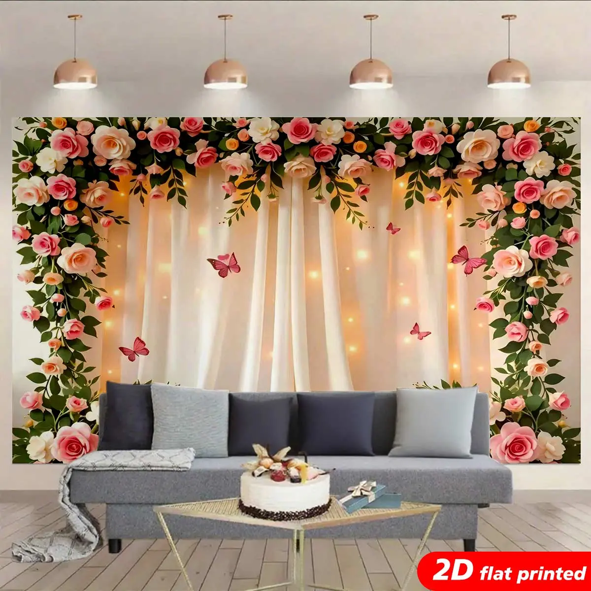 2D Flat Printed Polyester Light Rose Flower Tapestry Wall Hanging - Blush Pink, White Fairy Nature Floral Butterfly Artwork, Arch Backdrop, Decorative Curtain for Bedroom, Romantic Wedding Home Decor Gift, Artwork Tapestries, Arch Backdrop Tapestries