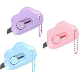 Cloud Shaped Retractable Box Cutter Set - 3 Pack with Key Rings,Stainless Steel Blade,Safe & Portable Letter Opener for Envelopes,Package,Mail,DIY,Paper Cutter for Home,Office,Outdoor (3 Color)