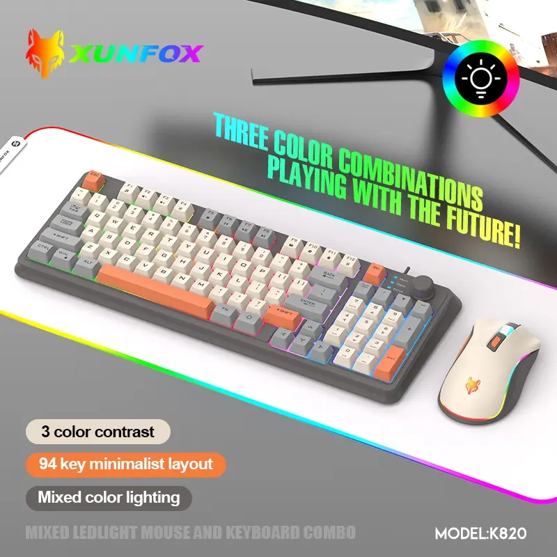 Xunsfox K820 Wired Keyboard Mouse Set, Ergonomic Design, Colorful Backlit Keys, Multimedia Knob, Comfortable Gaming Setup, Wired Gaming Combo, Gaming Setup Accessories