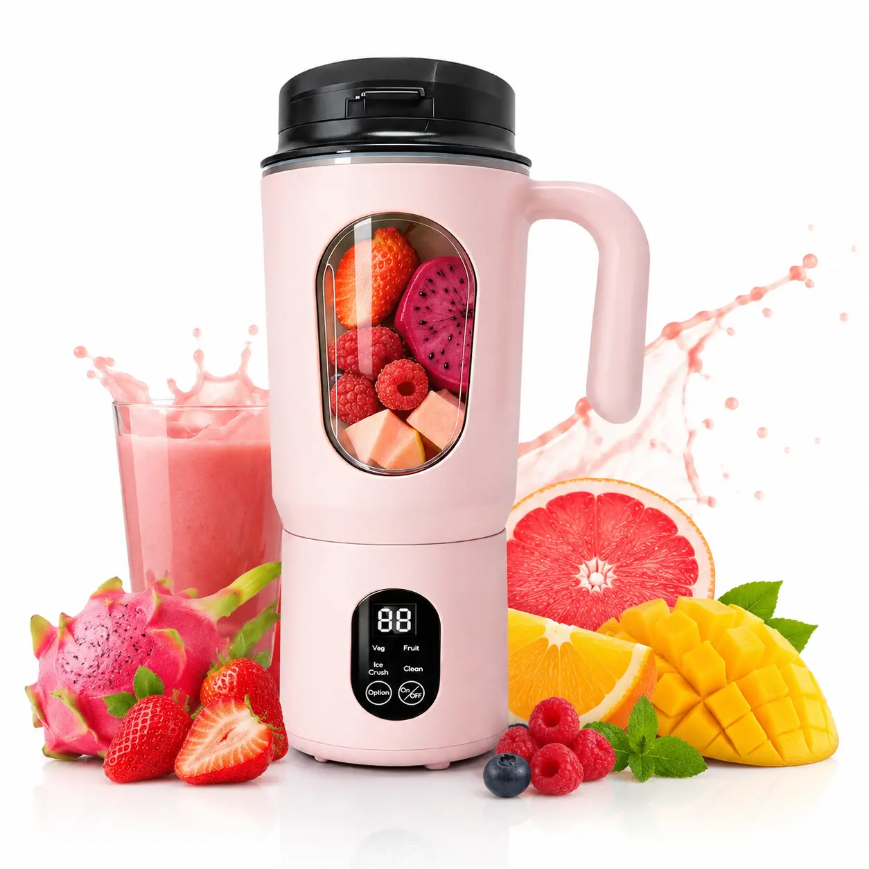 580ML Cordless Handheld Blender, USB Rechargeable Kitchen Appliance with LED Display, 22000 RPM, BPA-Free Food Grade Material, Self-Cleaning Ice Crusher for Smoothies, Blush Pink, Usb Charge