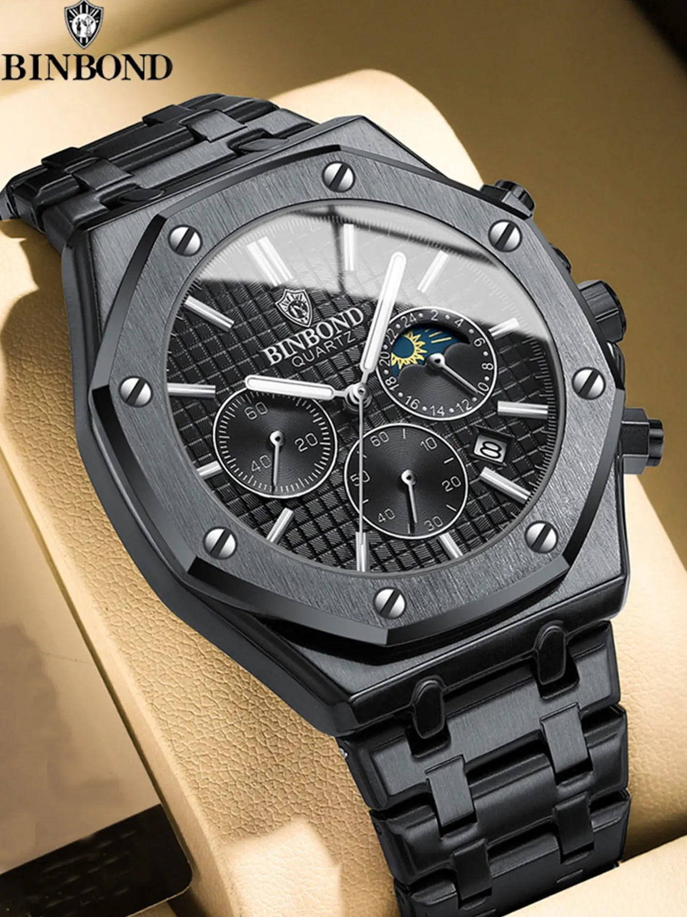 BINBONG B0161 Man Business Quartz Watch, Quartz Analog Watch, Quartz Wristwatches, Chronograph Wristwatch Stainless Steel Strap 30M Waterproof Durable Watch,for Party,Everyday Accessories,Trendy All-match,with Bo