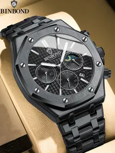 BINBONG B0161 Man Business Quartz Watch, Quartz Analog Watch, Quartz Wristwatches, Chronograph Wristwatch Stainless Steel Strap 30M Waterproof Durable Watch,for Party,Everyday Accessories,Trendy All-match,with Bo