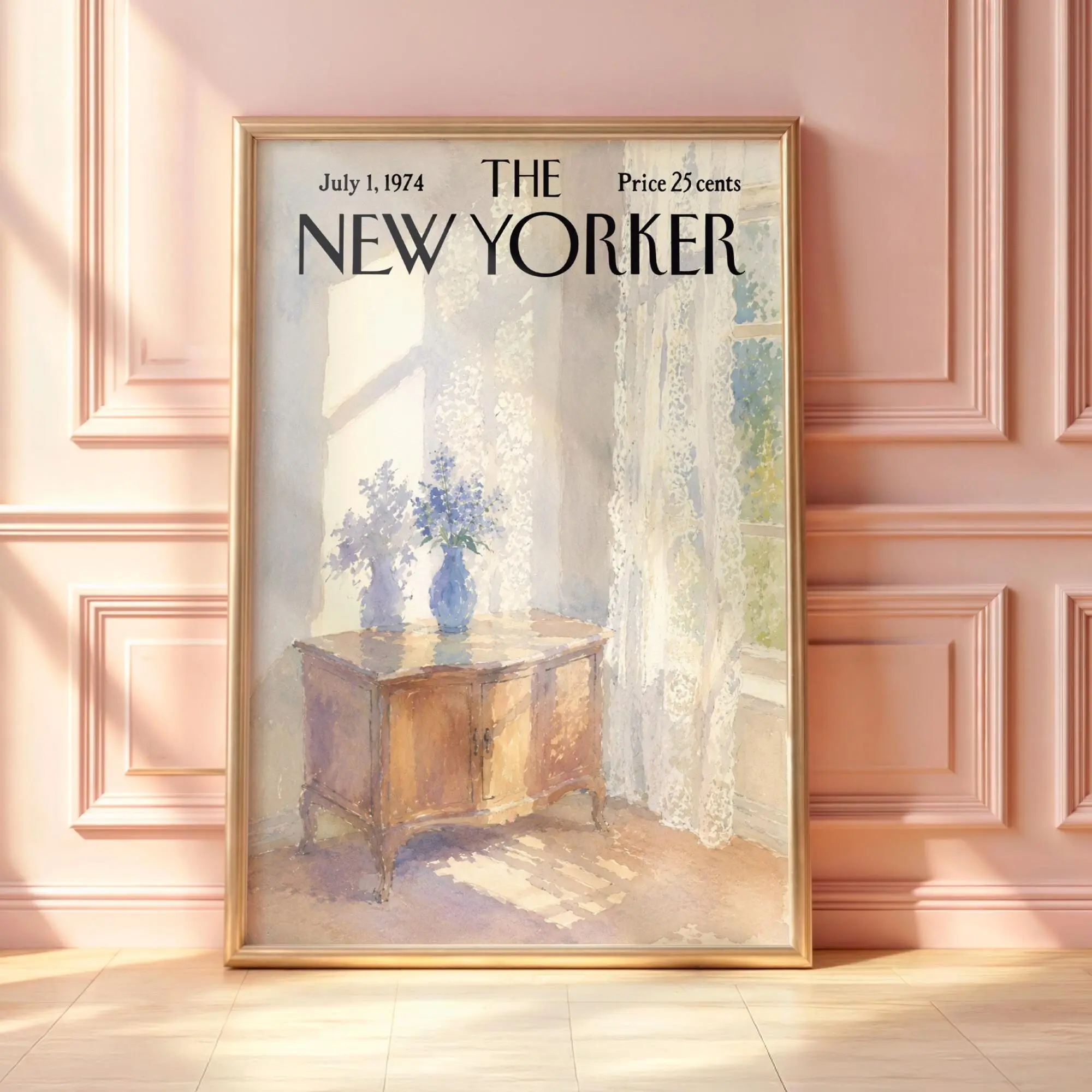 Vintage New Yorker Lavender Poster, Sunlit Cottage Window Wall Art, French Country Decor Print, Watercolor Home Decor, Magazine Cover