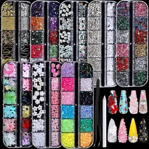 Nail Rhinestones Kit with 8 Boxes of Nail Gems, Nail Charms, 3D Charms for Nails, Colorful Clear Flatback Rhinestones, Charms Y2K for Nails, Multi Shape Pearls Jewels for Crafts