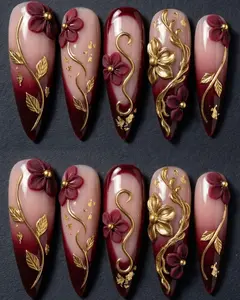 Burgundy Floral Press-On Nails, Handmade 3D Gold Flower French Tip Almond Acrylic Set, Elegant Luxury Reusable False Nails