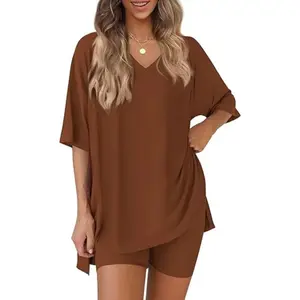 PrettyGarden V Neck 2 Piece Sets for Women Summer Lounge Short Set Spring Matching Biker Shorts Oversized Shirt Clothing # Summervibes
