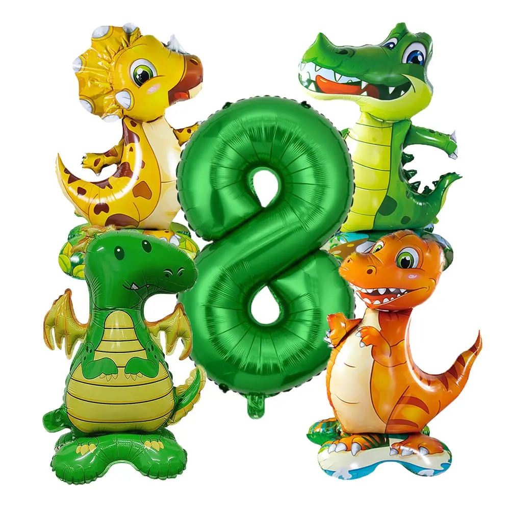 6 Piece Jungle Party Cartoon Standing Dinosaur Alligator Decor, Number Aluminum Foil Animal Balloons, Balloon Animals, Suitable for birthday parties, anniversaries, Children's Day, kindergarten activities