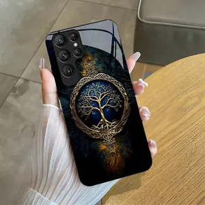 Suitable for [Galaxy S23 Ultra] high-end phone case🤩， high-end patterns，blue and gold tree of life pattern new black phone，drop-resistant and fingerprint-proof YM99