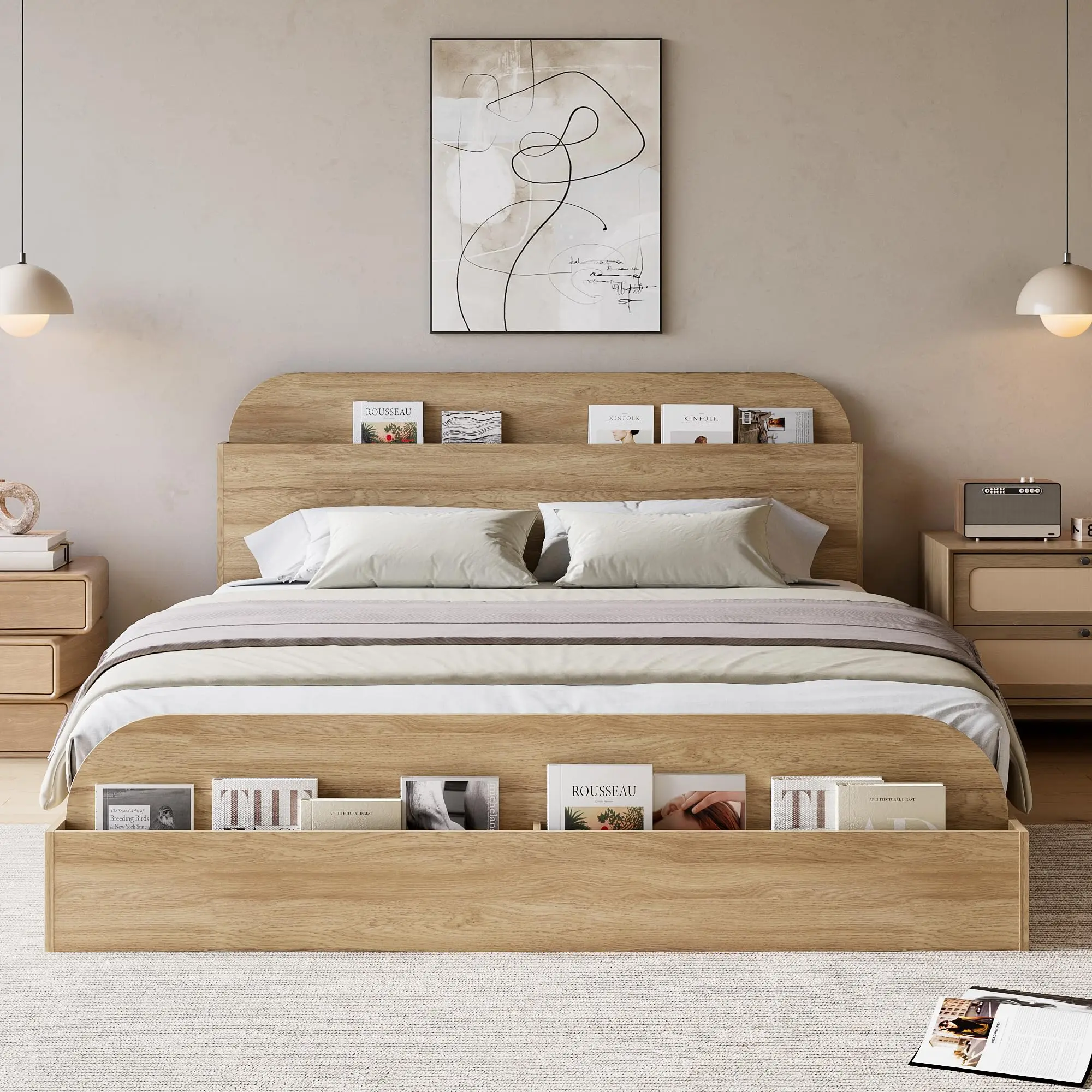 Garvee Full Size Wooden Bed Frame - 81.4 x 55.1 x 35.4 Inches, Elevated Feeding Board, Storage Headboard, Low Platform, Natural Finish, Painted Wood, Heavy Duty, Bedroom Storage Solution, Natural Finish Bed Frames