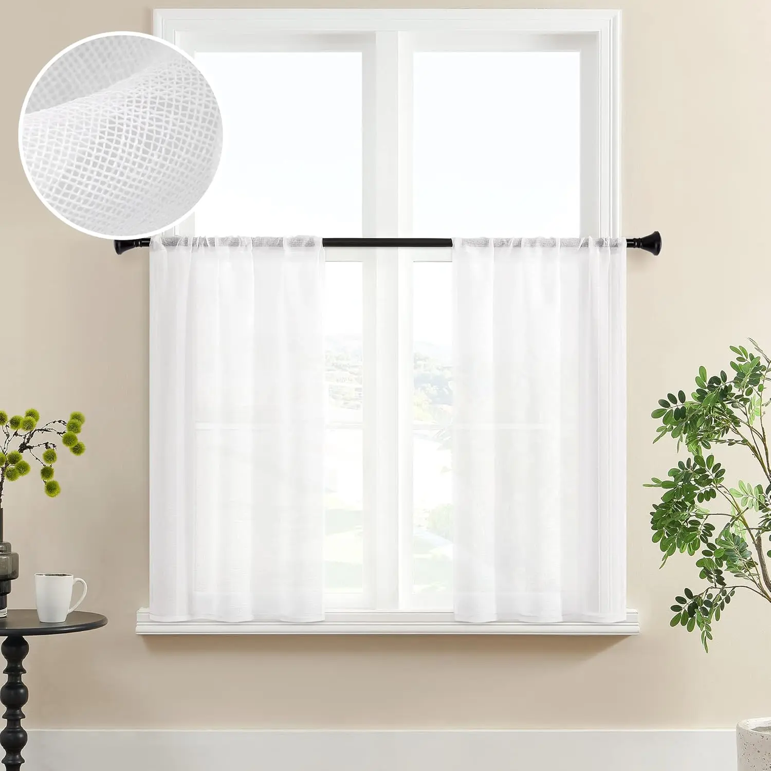 2-Panel White Sheer Voile Light Filter Curtains, 25x36in Short Rod Pocket Tiers, Transparent Look Half Curtains for Small Windows, Bathroom Home Supplies