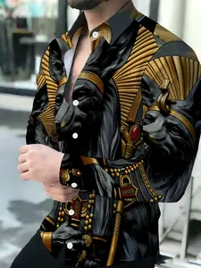 Egyptian Anubis Mythical Gold Pharaoh Print Men's Breathable Lapel Long Sleeve Button-Up Shirt
