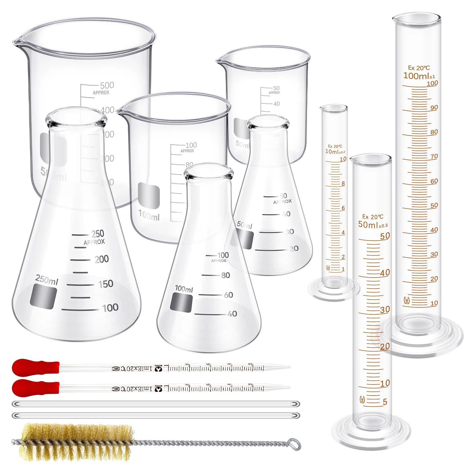 19pcs Laboratory Glassware Tool Kit - Glass Beakers (50/100/250/500ml), Glass Flasks (50/100/150/250ml), Graduated Cylinders (10/25/50/100ml), 1 Brush, 2 Droppers, 4 Stirring Rods