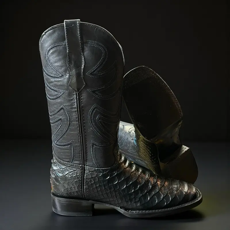 Men’s Black Python Print Leather Boots. Blue Scales Square Toe Snake Skin Print Boots. Bota Vaquero De Piel Vibora Pitón Negro.