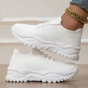 Women's Outdoor Casual Sneakers, White Breathable Knit Walking Shoes with Thick Non-Slip Sole, Comfortable Athletic Shoes for Daily Wear, Perfect Gift for Her