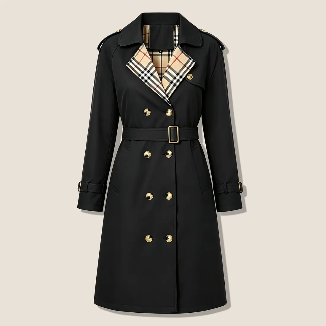 Women’s fashion trench coat – double-breasted long design with a turn-down collar and plaid lining, featuring a waist belt for cinching; classic British-style outerwear suitable for everyday commuting, office wear, travel, and dates.