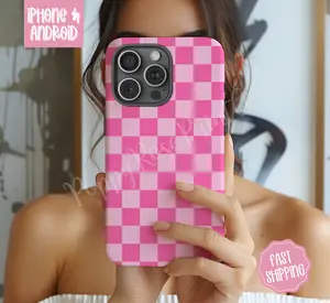 Pink Checkered Phone Case Mag Safe Compatible Magnetic Tough Case
