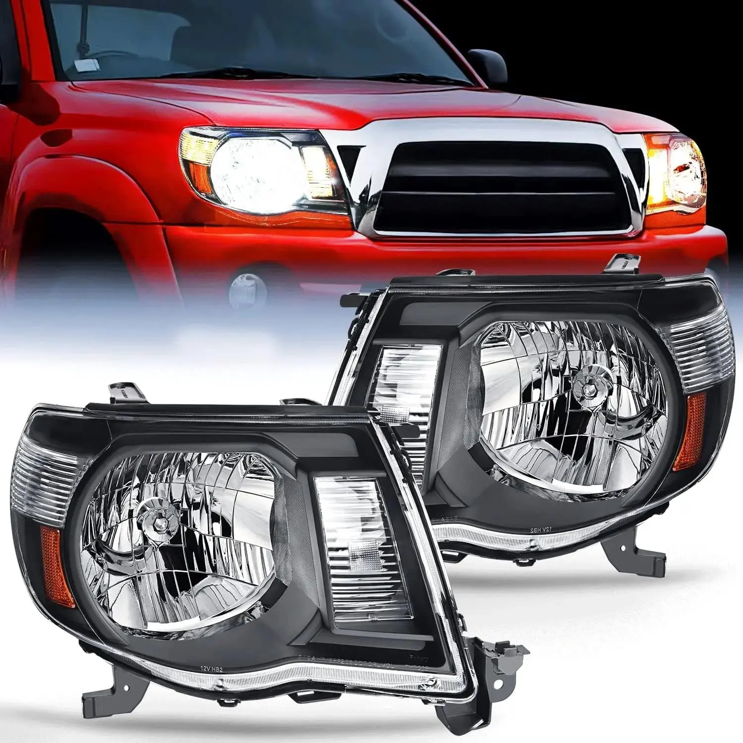 Nilight Truck Headlight Assembly - Waterproof Truck Accessories for 2005-2011 Toyota Tacoma, Black Case, Amber Reflector, Anti-Fogging, H4 Bulbs, IP65 Rating, OE Standard, Plug-N-Play, Truck Headlight Waterproof