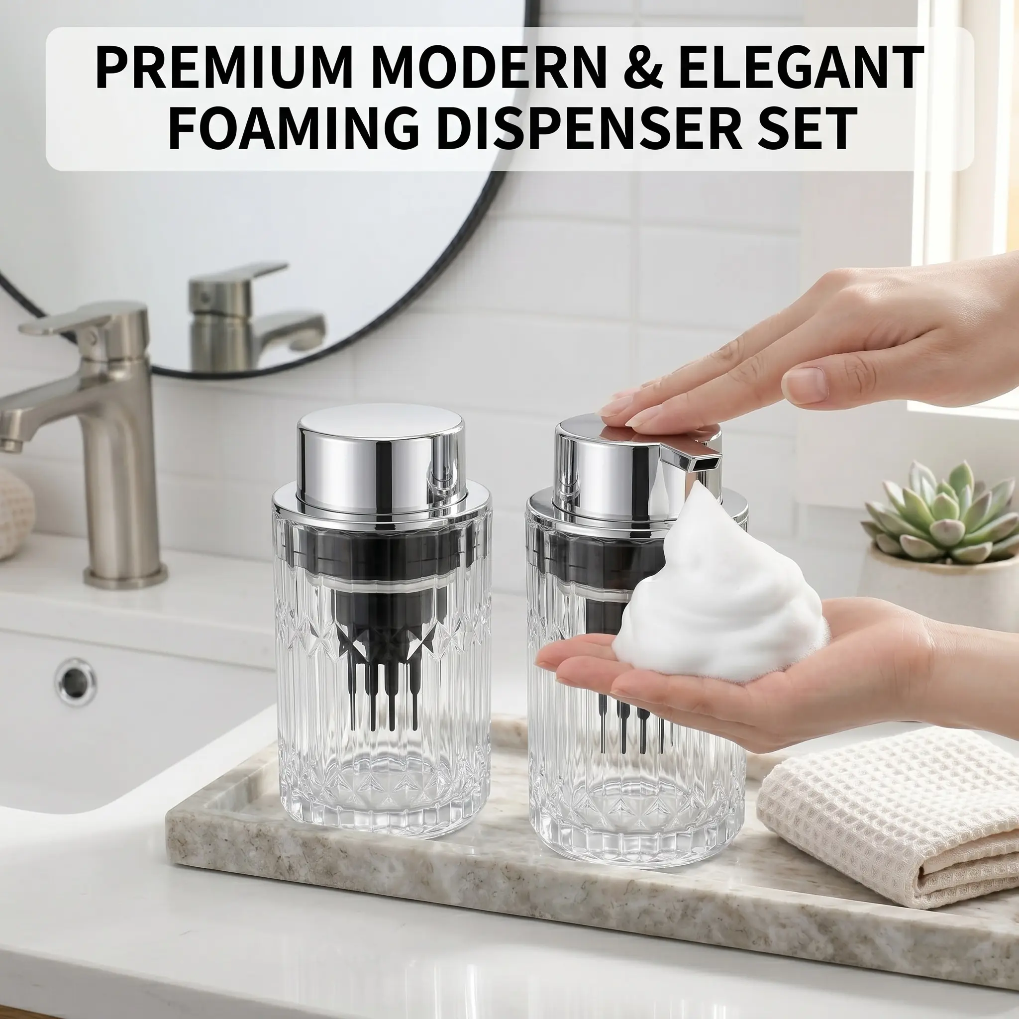 2-Pack Aesthetic Clear Foaming Soap Dispenser | Refillable Pump Bottles for Bathroom & Kitchen