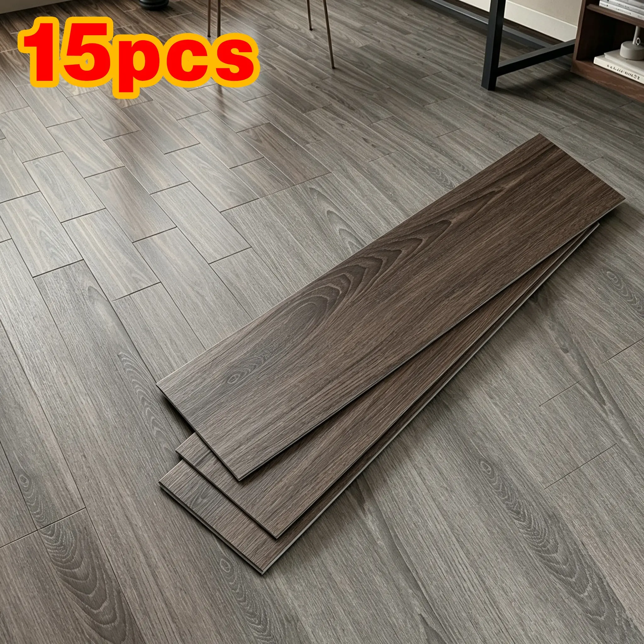 15pcs Wood Grain Floor Stickers, Strong Adhesive, Durable Scratch-Resistant, Scratch Proof Waterproof, Full House Application, 17.7*5.9in, Flat Sticker Type, Flooring