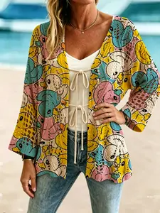 Elegant Women's Cartoon Duck Print Long Sleeve Knit Cardigan, Breathable Casual Knitted Sweater, Spring Summer Fall Fashion