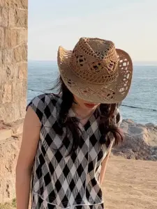 Women's Spring Summer Western Cowboy Straw Hat, Hollow Out Design, Fashion Unisex Beach Sun Protection Cap, Casual Daily Use