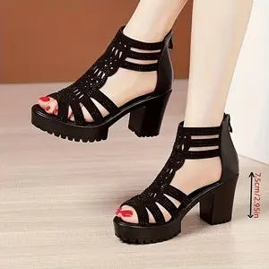 Women's Elegant High Heels, Black Comfortable Sandals, Women's Open-Toe Fashion Roman Shoes, Suitable For Casual And Formal Occasions Footwear Girl