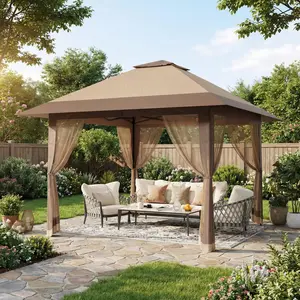 Garvee Heavy Duty 13x13FT Pop Up Outdoor Gazebo Canopy – Double Roof, Mosquito Netting, Adjustable Height, UV-Resistant Sun Shelter for Patio, Backyard, Garden, Lawn, Camping – Khaki + Light Khaki