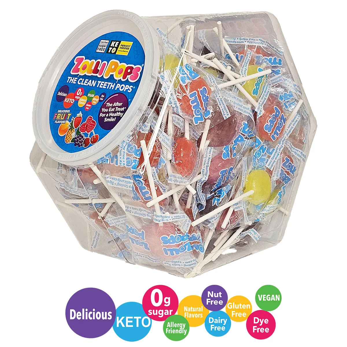 Zollipops® Original Clean Teeth Lollypops, Fruit-Flavored Candy Assortment, Low-Cal, Hypoallergenic, Low-Fat Snack, 1.8lb Large Hex-Shape Jar