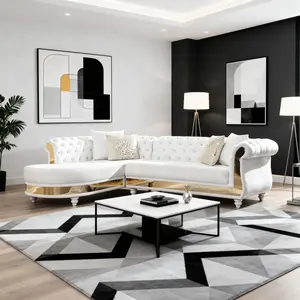 Summervibes Tufted Off-White Velvet L-Shaped Sectional Sofa with Gold Trim, Solid Wood Frame, Wooden Legs and Accent Pillows, Modern Contemporary Boneless Sofa Couch Ideal for Living Room Apartment Home Decor