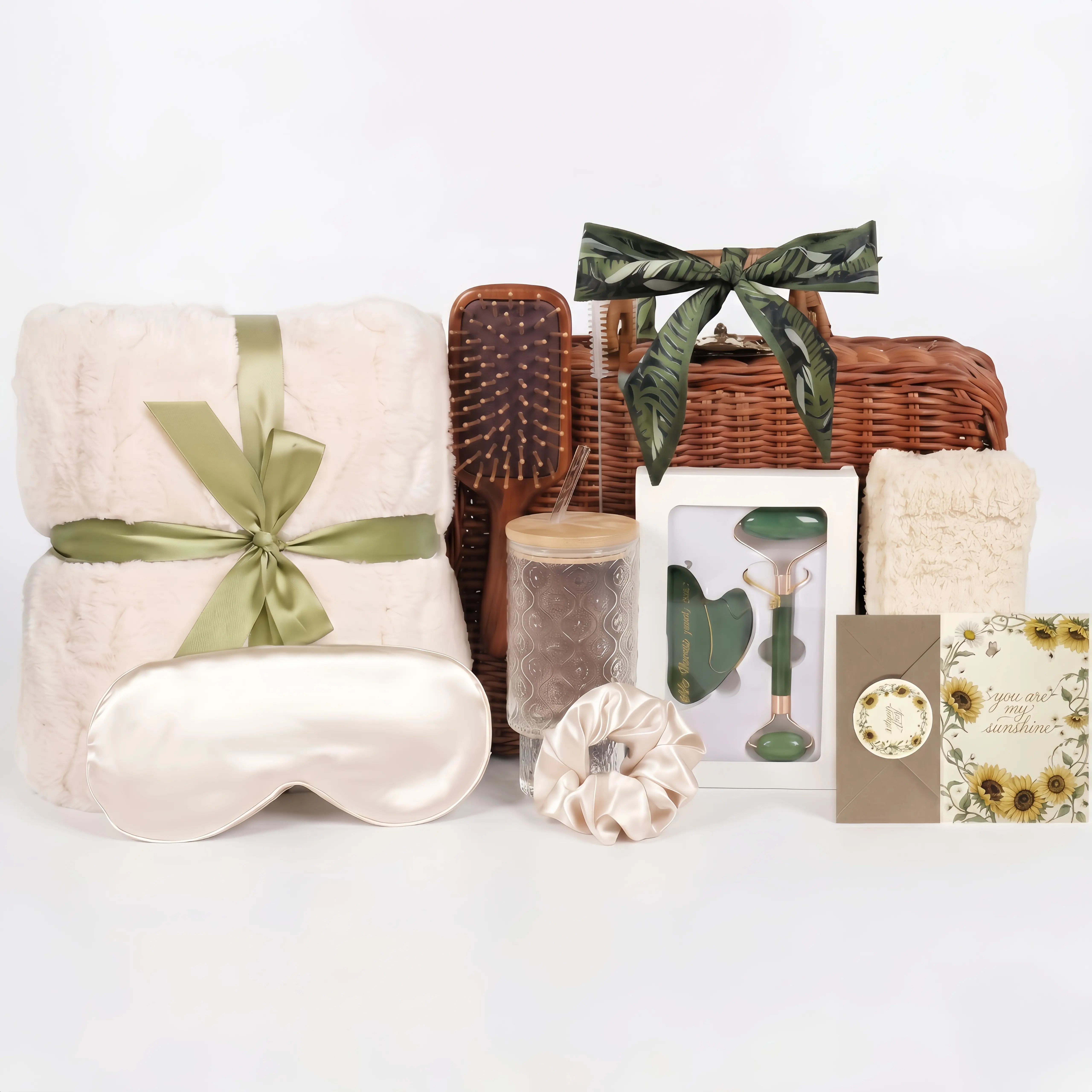 Aesthetic Luxury Vintage Wicker Bamboo Box Women's Body Care Set, Relaxing Spa Storage Pouch Kit with Plush Blanket, Jade Roller, Gua Sha, Glass Tumbler, Silk Eye Mask, Cream – Birthday Gift for Mom, Brush