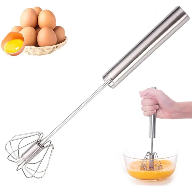 tainless Steel Semi Automatic Egg Beater, Press Down Rotating Hand Whisk, Manual Mixer Tool for Whisking Egg, Milk, Cream, Making Cake, Coffee Foam & Desserts