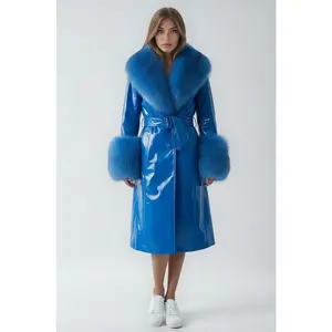 Faux Fur Collar Genuine Patent Leather Trench Coat