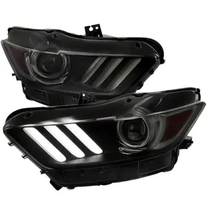 2015-2017 Ford Mustang / 2018-2020 Mustang Shelby LED Strip Xenon HID Projector Headlights (Black Housing/Smoked Lens)