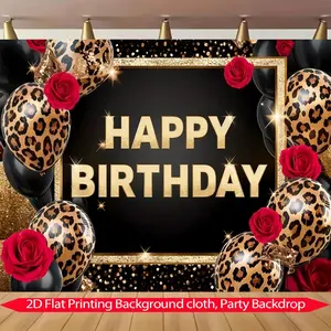 Leopard Print Rose Birthday Backdrop Banner, Perfect for Party Supplies, Anniversary, Holiday Celebration, Cake Table Decoration
