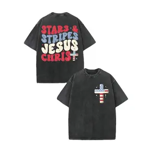 100% Cotton 220g Washed T-Shirt For Men - Double-Sided Retro Street Style With Stars And Stripes And Jesus Christ Design, Loose Fit, Drop Shoulder, Casual Summer Short Sleeve Shirt, Heavyweight Fabric, Retro Pr good  graphic  tees 90s  graphic  tees