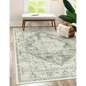 Washable Area Rug 5x7 - Large Vintage Tribal Living Room Rug Vintage Non-Slip Indoor Rugs for Bedroom, Low-Pile Retro Carpet Print Distressed Rugs for Nursery Entryway Office, Sage