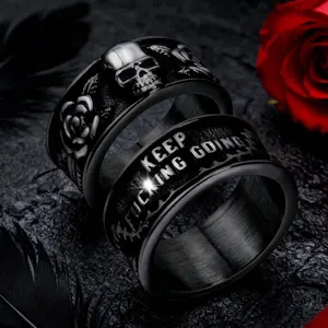 Gothic Rose Skull Rings for Men Women, Keep Going Ring Stainless Steel Band Silver/Black Inspirational Punk Rock Skeleton Cocktail Party Ring Size 8-15