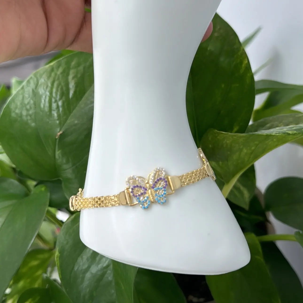 14kt Real Gold Bracelet with Three Large Butterflies and White, Purple, and Blue Stones