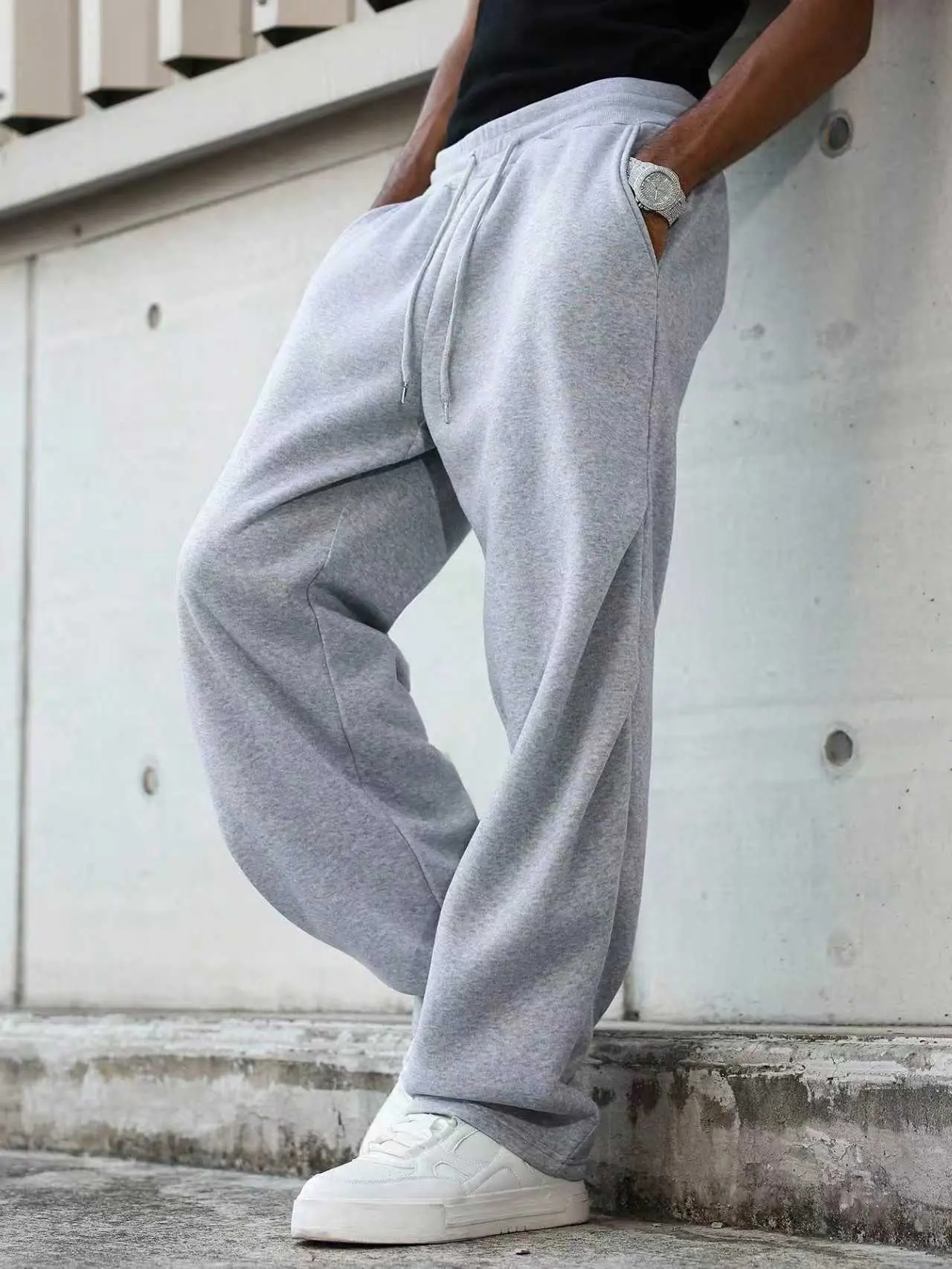 Men's Fleece-Warm Solid Color Drawstring Waist Baggy Jogger Sweatpants - 1 Hip Pocket, Washed Look, Straight Wide Leg, Autumn-Winter Essential Streetwear Athletic Bottoms, Sports Bottoms, Baggy Sweatpants, Men's Pants, Fleece Linings, Jogging, Polyester,,