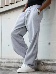 Men's Fleece-Warm Solid Color Drawstring Waist Sports Bottoms - Baggy Sweatpants with Hip Pocket, Washed Look Straight Wide Leg Essential Sweats, Standard Sizes for Autumn-Winter Jogging, Designer Streetwear