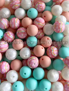 15mm Pink Daisy Mixed Silicone Beads, Round, Print, DIY Pens, DIY keychain