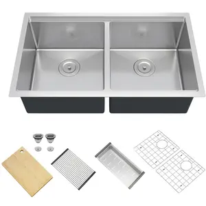 Kitchen Sink, Brushed Nickel Undermount Kitchen Bar Sink, Stainless Steel 16 Guage Kitchen Sinks, Family and Bar Sink with Full Accessories