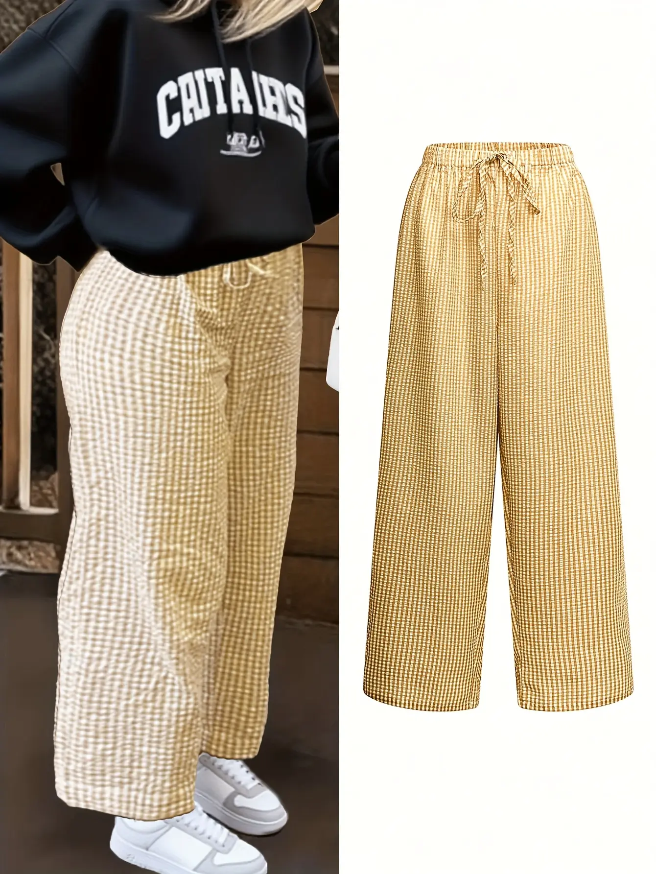 Plus Size - Plus Size - Plus Size Women'S Clothing, Women'S Fashion Elegant Plaid Loose Wide-Leg Trousers, Suitable All Seasons, Autumn Women'S Casual Fashion Wardrobe - Machine Washable