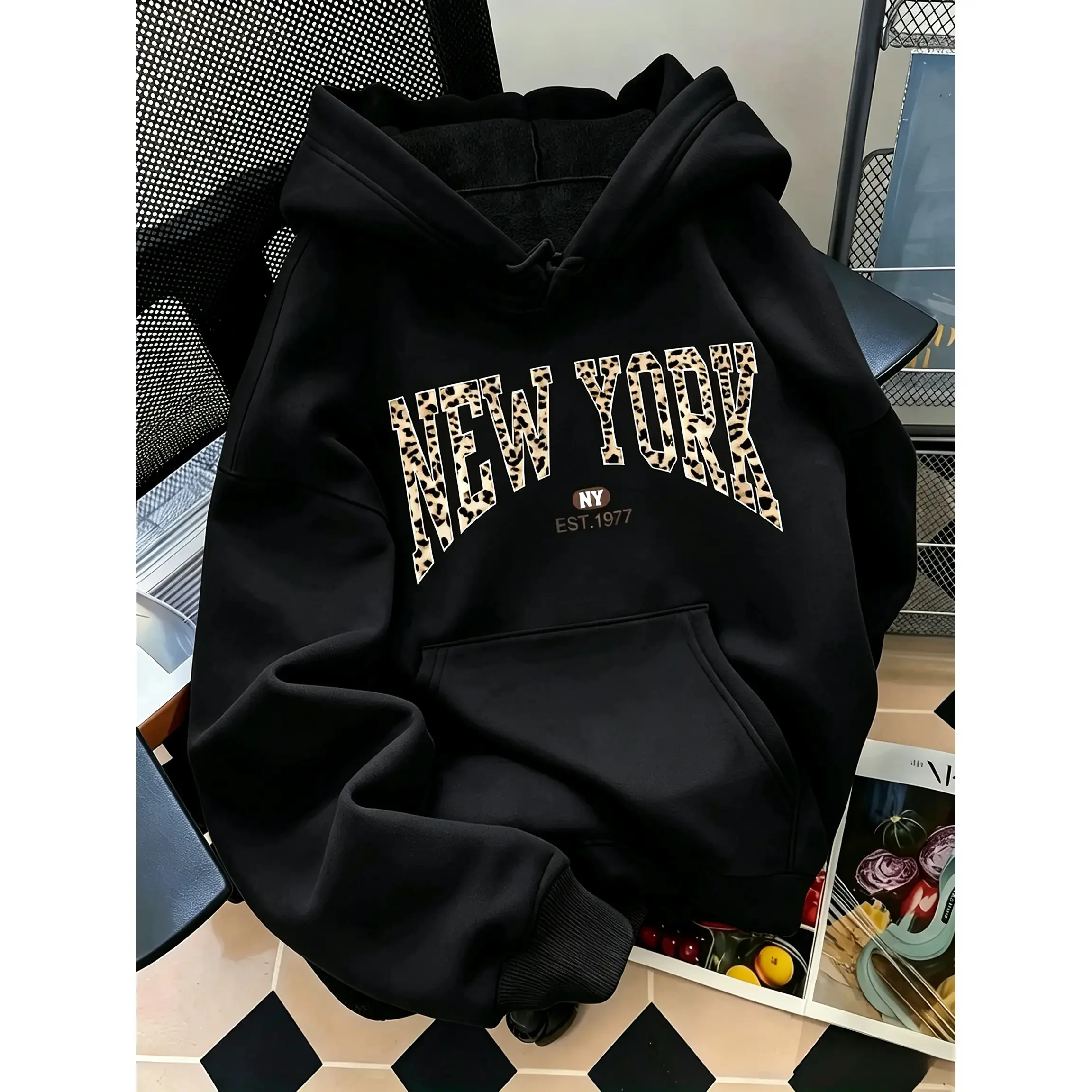 Leopard Print New York EST.1977 Oversized Hoodie, Vintage College Style Pullover Hoodie, 100%25 Cotton Unisex Streetwear Top