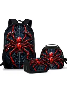 17-inch red spider pattern printed backpack three-piece set (single-layer backpack + shoulder strap round lunch bag + flip pencil bag) Backpack For School